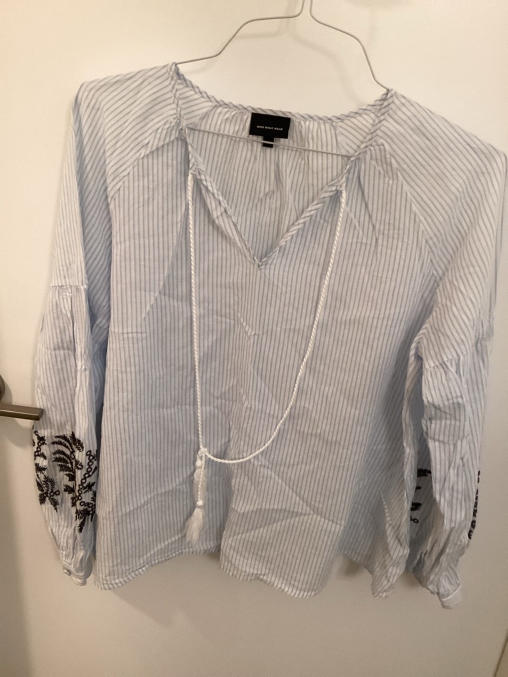 100% cotton Light Blue Stripe Embroidered Sleeve Peasant Top